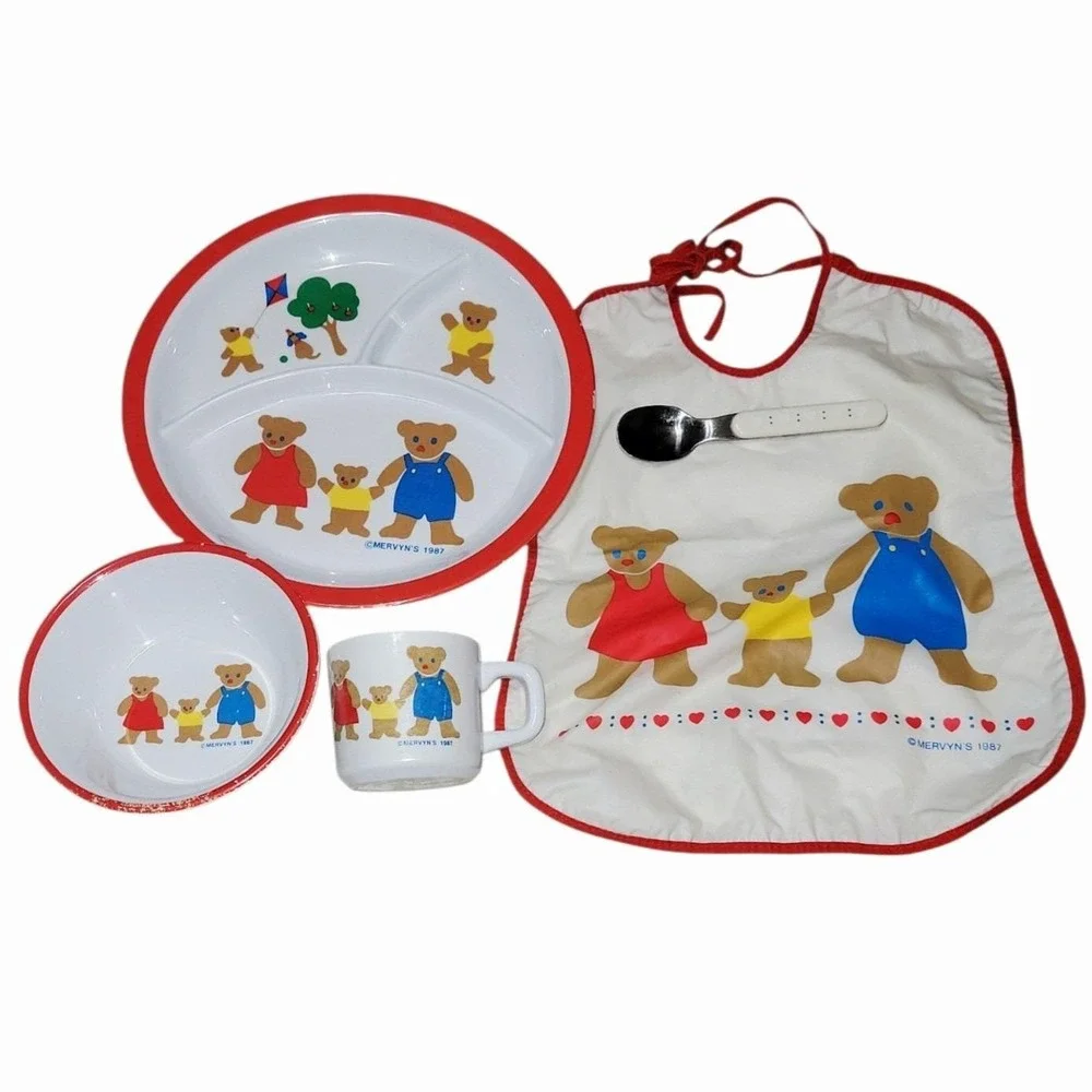 Vintage 1987 Mervyn's Teddy Bear Baby Feeding Set Plate Bowl Cup Bib Spoon